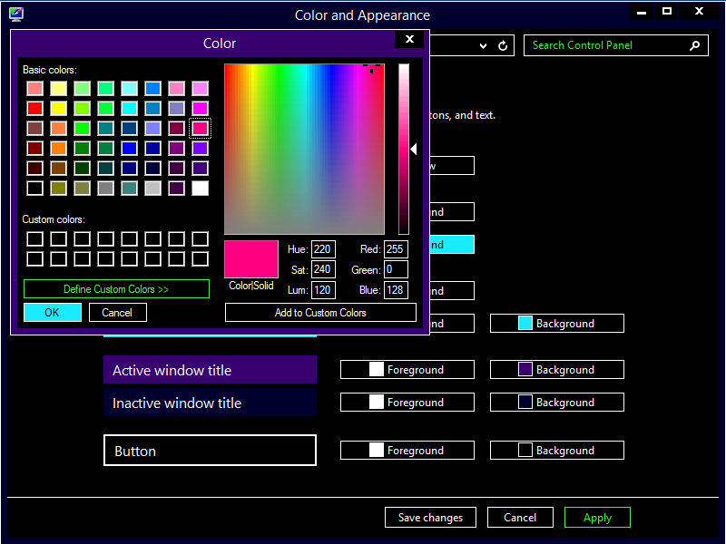 Click on any Foreground or Background colour to change it, then pick a new colour